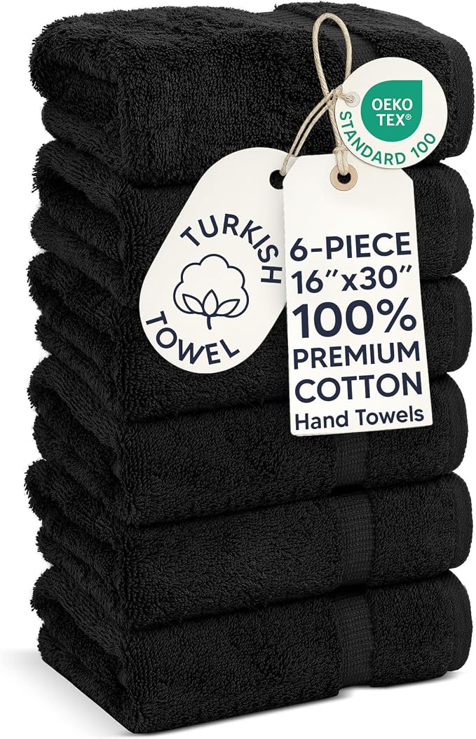 Chakir Turkish Linens | Hotel & Spa Quality 100% Cotton Premium Turkish Towels | Soft & Absorbent (6-Piece Hand Towels, Black)