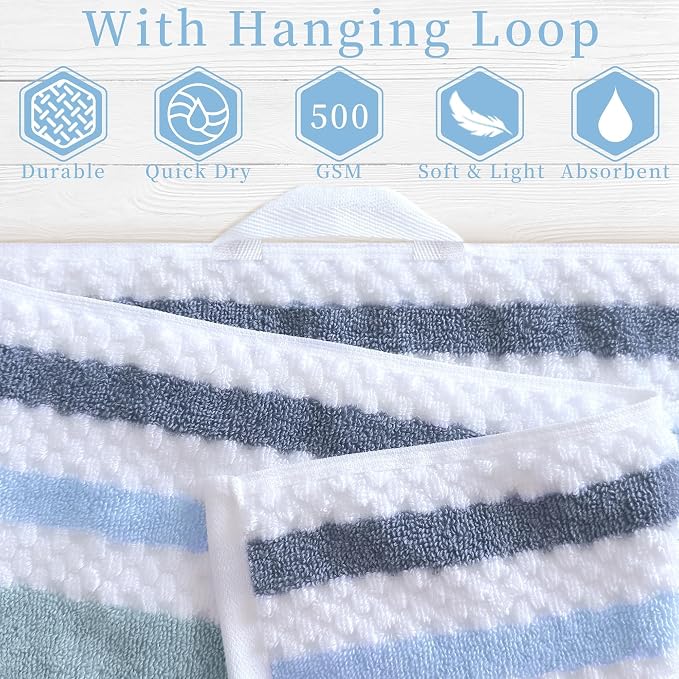 VOOVA & MOVAS Stripe 6PC Towel Set, Cotton Blend, Blue Gray White | 2 Bath 30x56 In, 2 Hand 16x27 In,2 Washcloths 13x13 In, Quick Dry, 540GSM, With Hanging Loops