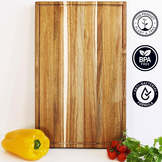 Acacia Wood Cutting Board for Kitchen, Thick Non Toxic Butcher Block | Hard Wood Edge Grain With Juice Groove 16" x 10" (Thick 1.7") Professional Heavy Duty Wooden Chopping Board (Oil Included)