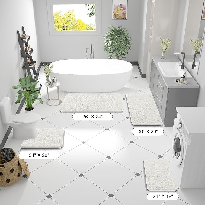 OLANLY Bathroom Runner Rugs 59x24, Extra Soft Absorbent Chenille Bath Rugs, Rubber Backing Quick Dry, Machine Washable Long Bath Mats for Bathroom Floor, Tub and Shower, Home Decor Accessories, Ivory