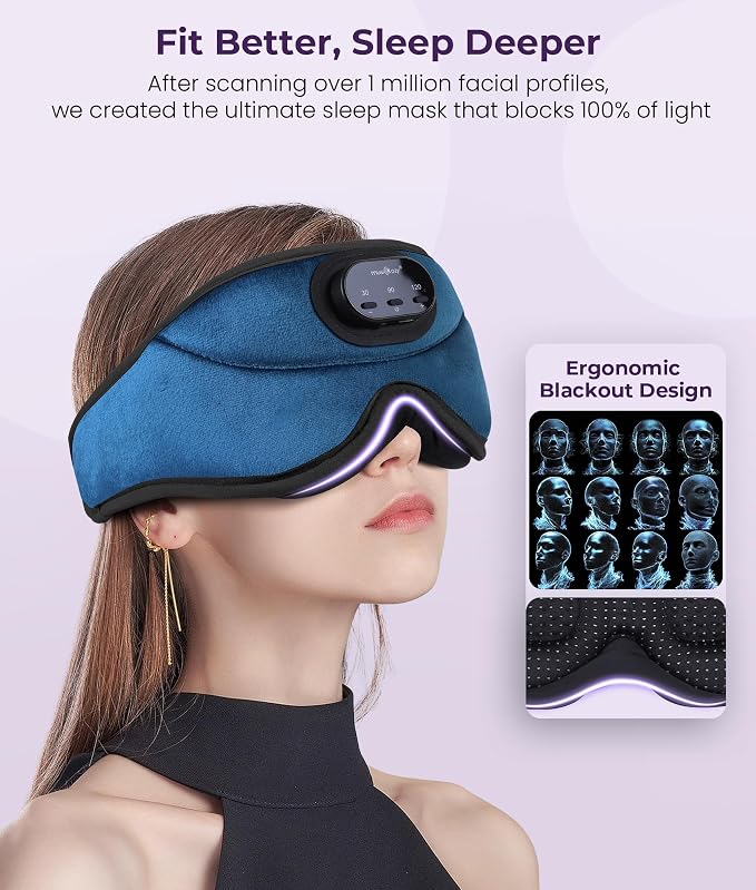 MUSICOZY 3D Bluetooth Sleep Mask with Headphones and Timer, Wireless Sleep Headphones for Side Sleepers, Eye Mask with Bluetooth Headphone, Unique Gifts for Men Women, Blue