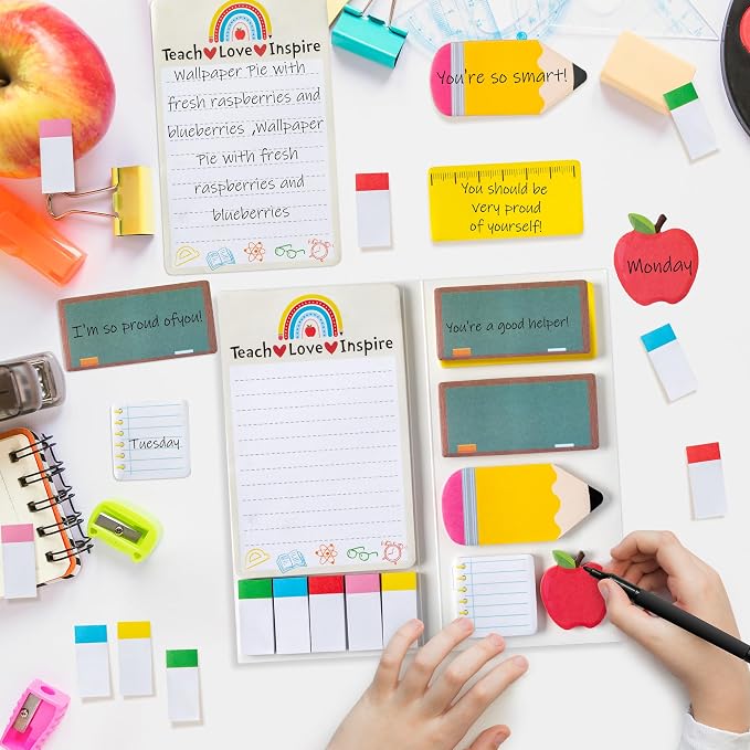 Xqumoi 5 Pack Teaching is A Work of Heart Sticky Notes Set - Ruler Blackboard Pencil Apple Shape Self-Stick Note Pads Teacher Appreciation Gift Writing Memo Pads Page Marker School Office Supplies