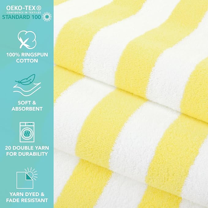 Arkwright California Cabana Stripe Beach Towel Bulk - Case of 24, Large Soft Quick Dry 100% Cotton Terry Towels Set for Pool, Swim, and Hot Tub, Oversized 30 x 70 in, Yellow