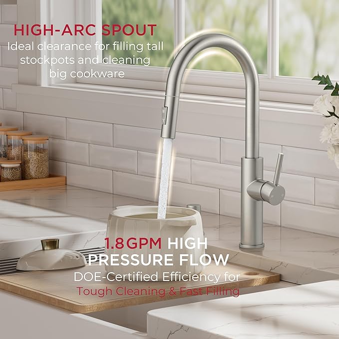 FORIOUS Kitchen Faucet with Pull Down Sprayer, Classic Brushed Nickel, Single Handle High Arc Stainless Steel Kitchen Sink Faucet, 1 or 3 Hole Deck Mount for RV, Bar, Farmhouse, Laundry, Outdoor