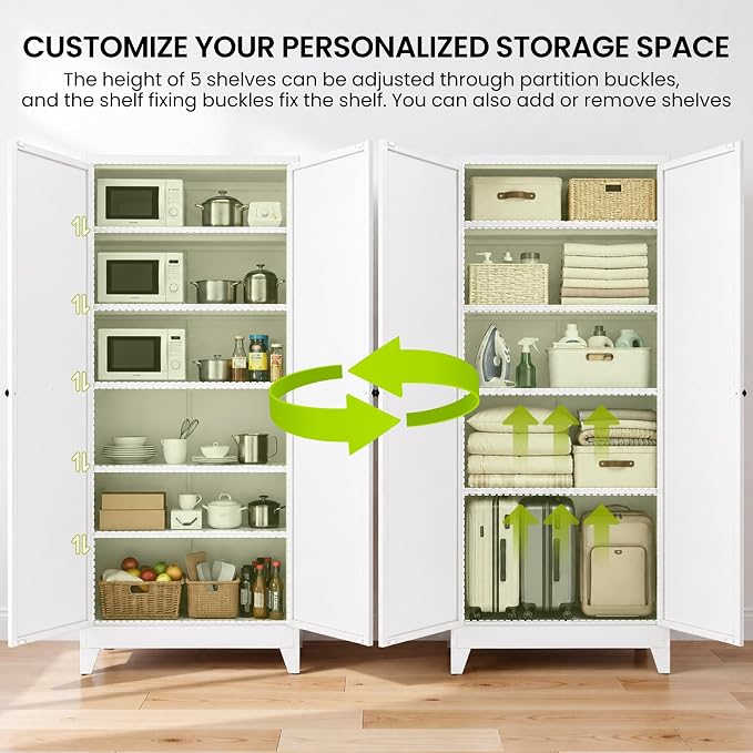 AQY Metal Pantry Cabinet, 75" White Kitchen Storage Cabinet with Doors | 5 Adjustable Shelves Ventilated Metal Cabinet Hanging Hooks Freestanding Kitchen Storage