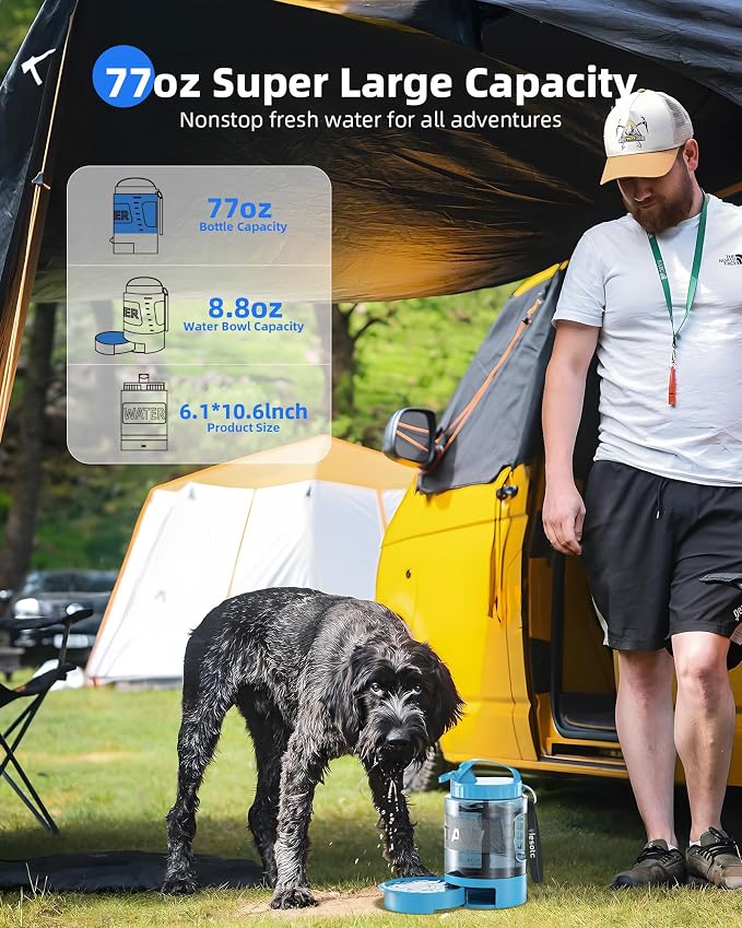 lesotc Portable Dog Water Bowl Dispenser - 77oz Travel Water Bottle with Pop-Out Drinking Bowl, No-Spill Design for Camping, Hiking & Car Rides - Keep Your Dog Hydrated Anywhere, Blue