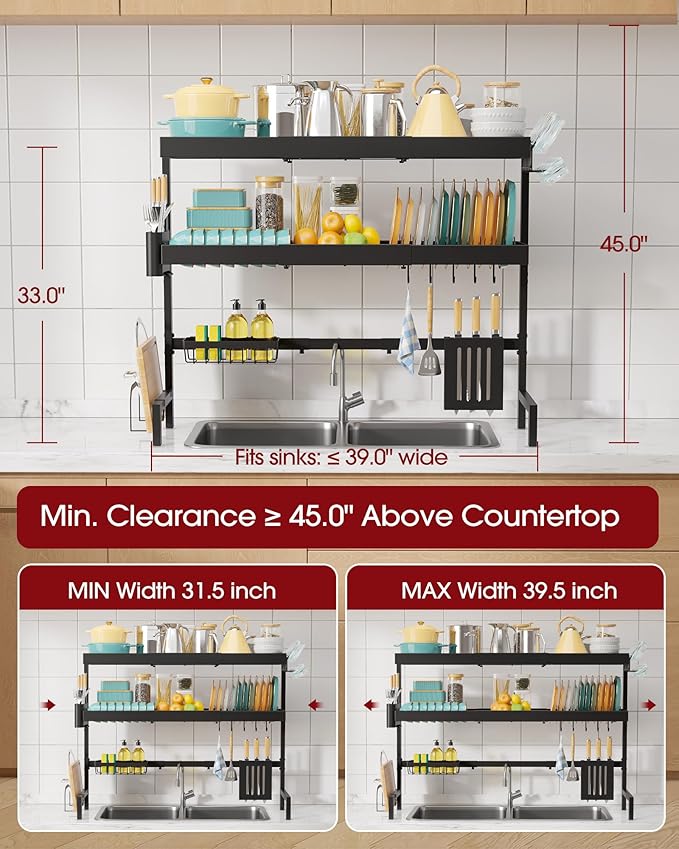 Sakugi 3-Tier Dish Drying Rack Over The Sink, Expandable for Counter | Rustproof Stainless Steel Kitchen Storage Organizer, Space-Saving 31.5"–39.5"Lx12"Wx33"H, Black