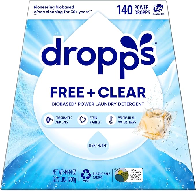 Dropps Free & Clear Laundry Detergent Pods (140 Count) - Unscented Laundry Pods | Fights Odors & Stains | Free of Dyes Parabens & Perfumes | Hypoallergenic | Clean Ingredients | Plastic Free Packaging