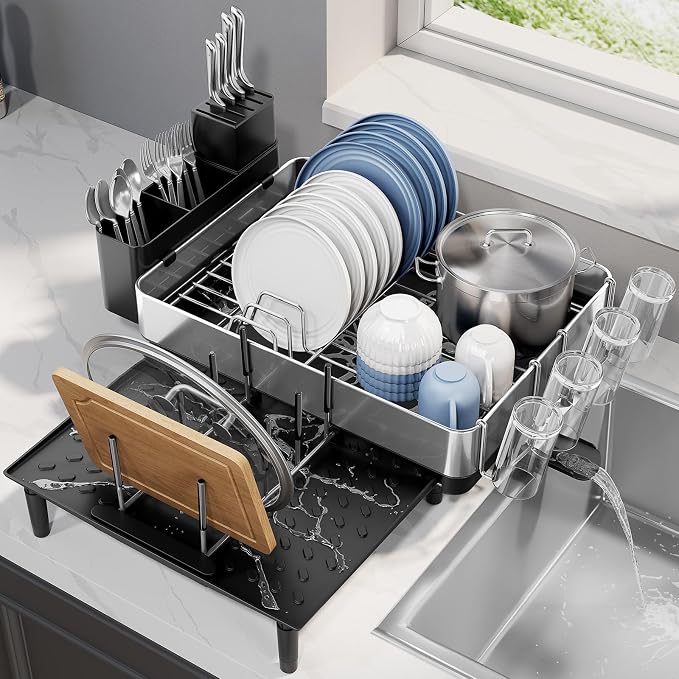Urackify Expandable Dish Drying Rack, Stainless Steel, Large Capacity | Multifunctional Drainboard for Kitchen Countertop, Removable Cutlery Tray, Foldable Cup Holder, 20.4"L x 20"W, Silver