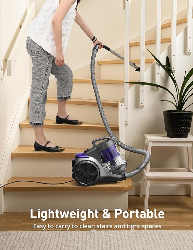 Canister Vacuum Cleaner, 1400W Bagless Vacuum Cleaner, Multi-Cyclonic 5 Stage Filtration, 2 Anti-Allergen HEPA Filters, 3.5QT Dust Cup, 4 Tools, Corded Vacuum for Hard Floor, Carpets, Pet Hair, Purple