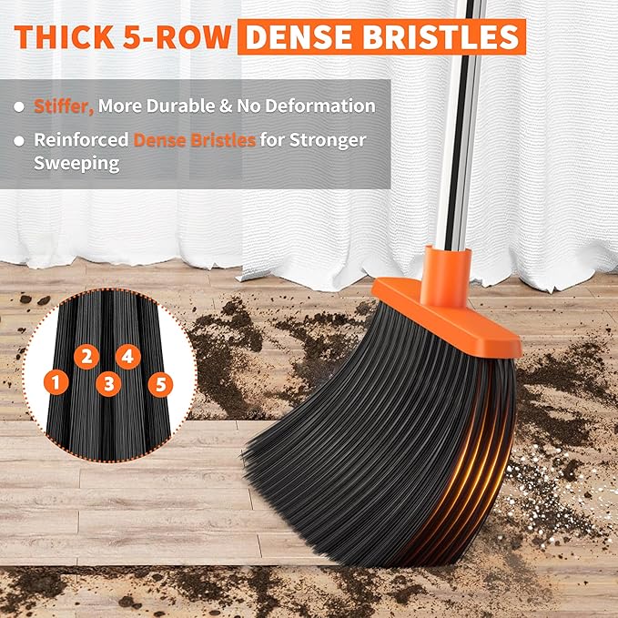 Upgraded Broom and Dustpan Set, 52" Long Handle Standing Combo with Self-Cleaning Teeth – Perfect for Pet Hair, Kitchen, Office, Home, Indoor & Outdoor Cleaning(Orange & Gray)