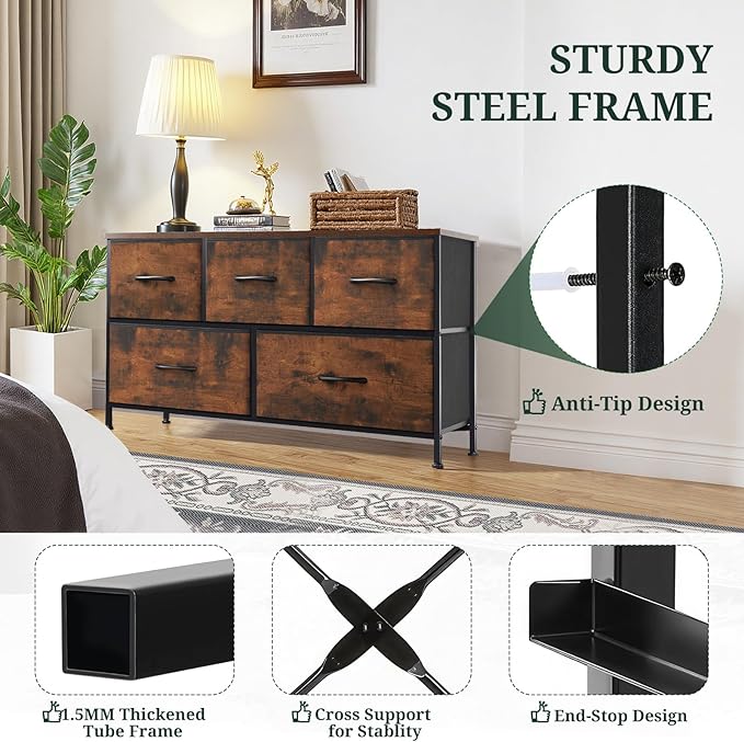 5-Drawer Dresser for Bedroom, Anti-Tip Wide Storage Organizer Fabric Chest of Drawers TV Stand for 45" TV with Wooden Top and Metal Frame for Closet, Living Room, Hallway, Entryway, Brown