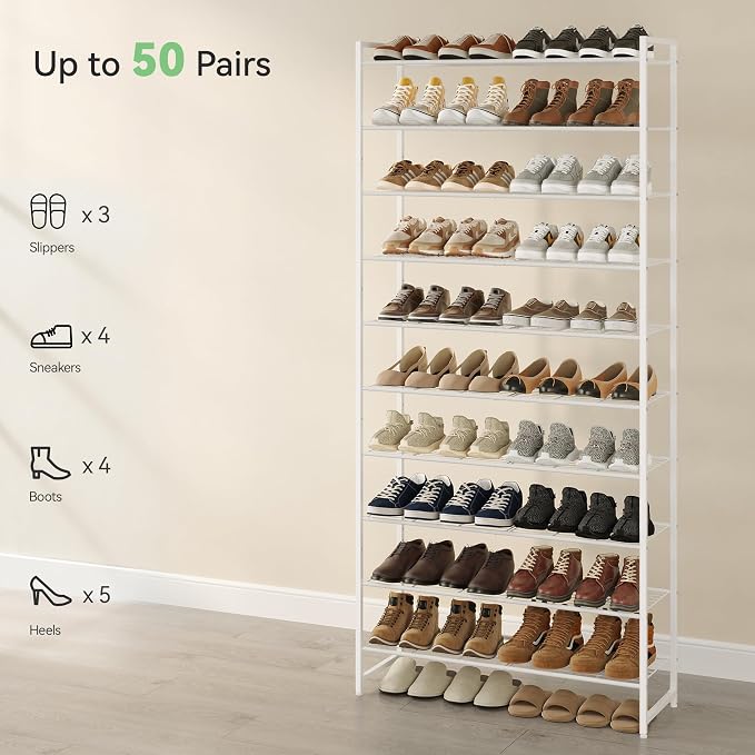 Nunsino Shoe Rack for Closet, Metal Shoe Organizer, 10 Tier Garage Shoe Rack Max Holds 50 Pairs,Shoe Storage Shelf,Entryway,White