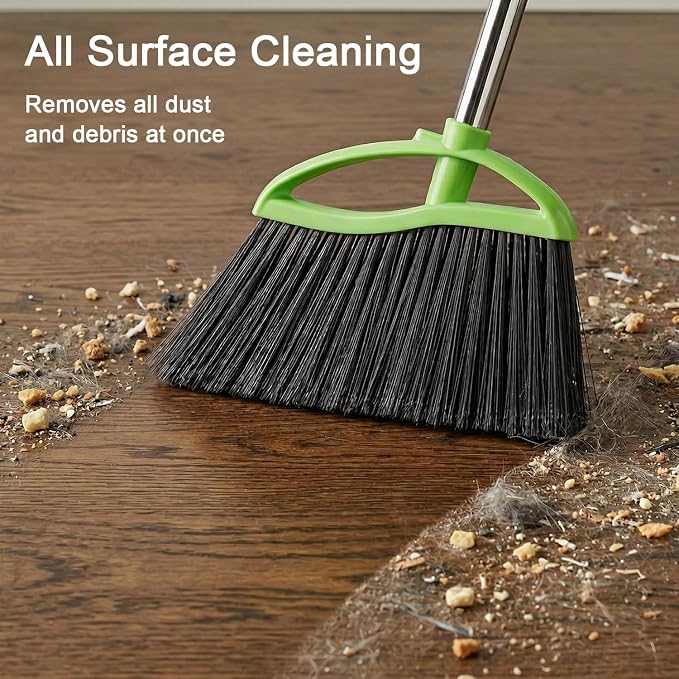 Soft Bristles Green Angle Broom and Dustpan Set, Long Handle Household Indoor Broom with Dustpan Combo Set for Room Kitchen Lobby Office Hardwood Floor Sweeping Floor Cleaning