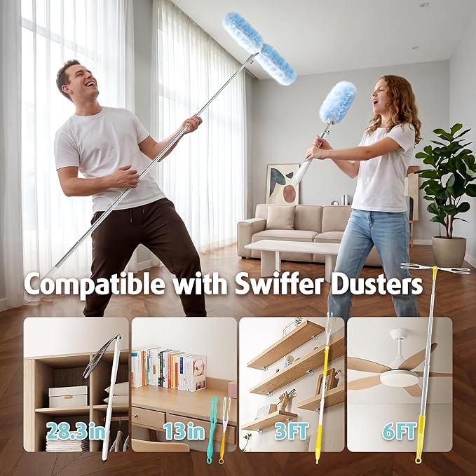 6 ft Extendable Duster Handle with 20 Refills, Compatible with Swiffer, Disposable Microfiber Dusting Pads for Home Cleaning, Ceiling, Fan, Window, Hard-to-Reach Areas