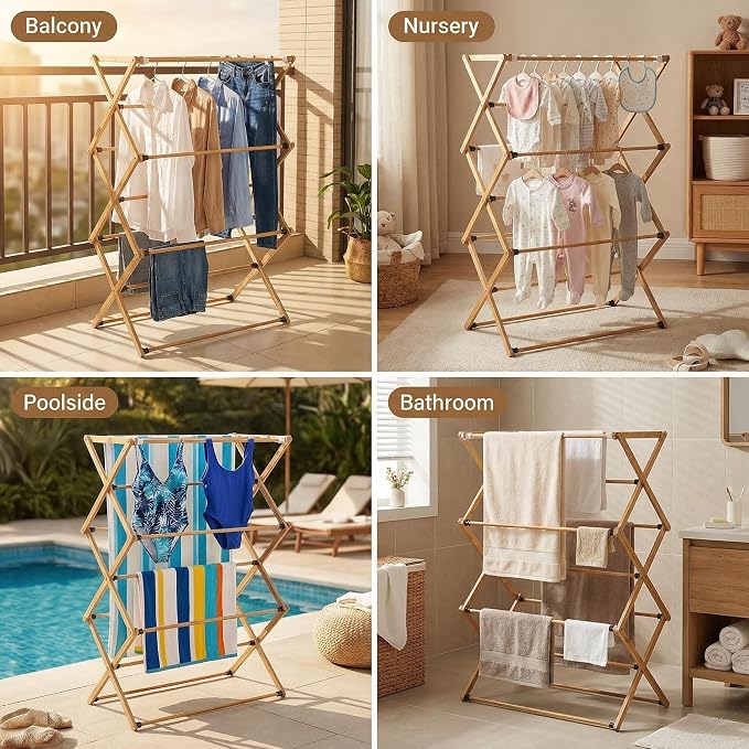 FJO Foldable Bamboo Clothes Drying Rack, 3-Tier Collapsible Laundry Clothes Hanger, Portable Wooden Drying Rack, Space Saving Indoor Outdoor, 28'' D x 15'' W x 39.3'' H, Beige