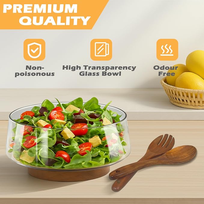 Extra Large Glass Salad Bowl Set, Clear Salad Bowl with Solid Wood Base Servers, Elegance Salad Serving Bowls for Kitchen Utensils and Party
