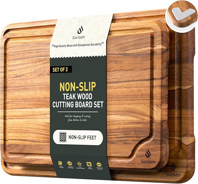 2 Pack Teak Cutting Boards for Kitchen Wood Wooden Cutting Board Non Slip | Non Toxic, Over Sink, NOT Bamboo Stainless Steel Titanium Acrylic Acacia Olive, Space-Saving, Kitchen Gift for Mom