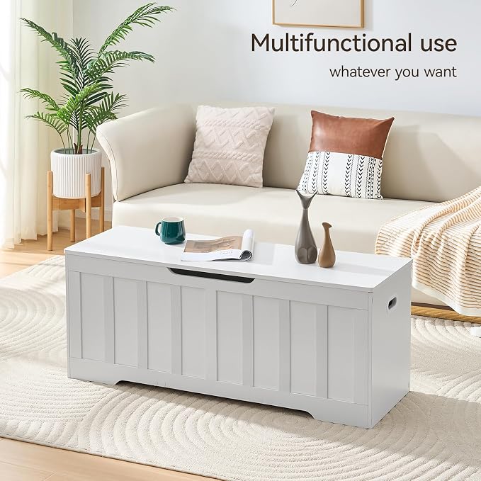 VANKILEY 47.2" Storage Chest Extra Large,Storage Trunk with 2 Safety Hinges,Wooden Storage Bench,Shoe Bench,47.2x15.7x19.1 Inch,Easy Assembly,Storage Bench for Bedroom,Living Room,entryway(White