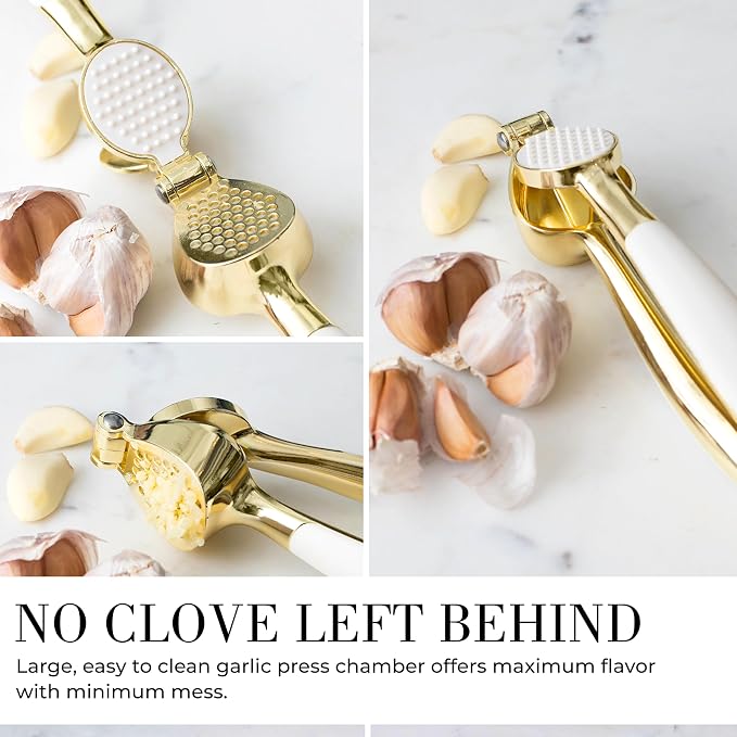 White & Gold Cooking Utensils Set - Luxe 8-Piece Kitchen Gadget Set Includes Can Opener, Tongs and Garlic Press - Stylish White and Gold Kitchen Accessories for Modern Kitchens, Ideal for Gifting