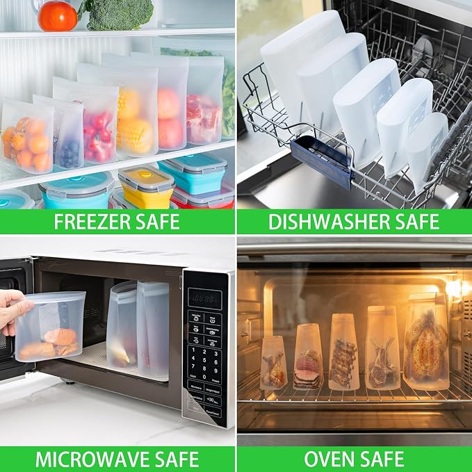 Premium Silicone Reusable Storage Bags, Large-Size Set, 8 Pack, 100% Platinum Silicone Food Storage Bag Stand-Up Wide-Mouth Zip-Lock, Microwave Dishwasher Freezer Safe, 4 XL + 4 L, Crystal-Clear