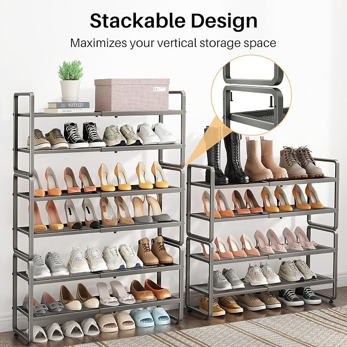 SNTD Shoe Rack - Expandable Shoe Organizer for Closet, Adjustable Metal Shoe Shelf Storage, Stackable Long Shoe Stand Holder for Garage, Entryway, Door Entrance (Grey, 4-Tier)