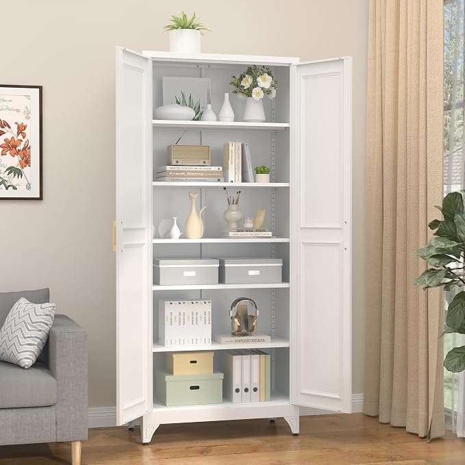 SteeLoong 75”Metal Pantry Storage Cabinet with Doors & 5 Adjustable Shelves | Kitchen Pantry Cabinet,White Kitchen Cabinet with 2 Gold Handles,Tall Cabinet for Livingroom,Pantry, Bathroom,Kitchen,Garage