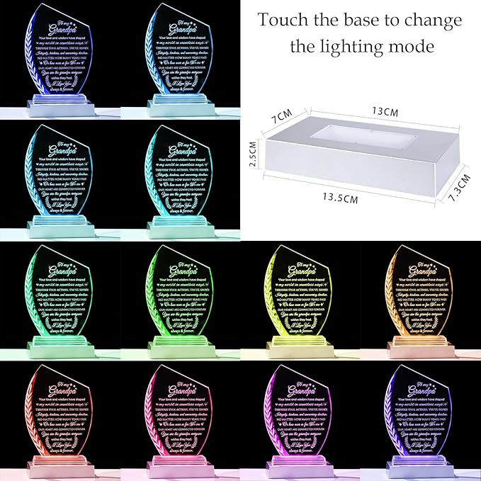 Birthday Gifts for Grandpa from Grandkids Glass Plaque Unique Present To My Grandpa with Colorful Led Base, Grandfather Gift for Thanksgiving Christmas Retirement Fathers Day