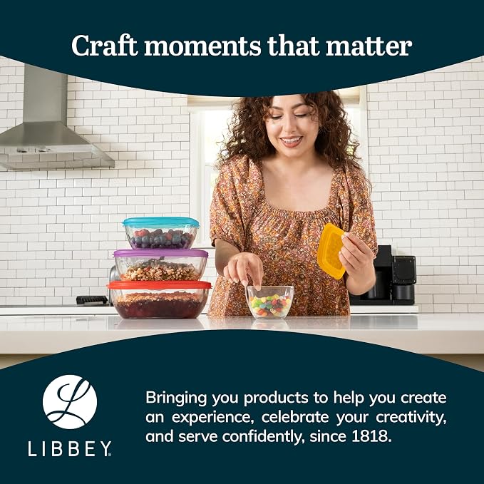 Libbey Serve It Glass Storage Bowls Set of 8 Stackable 2, 6, 8, 12.5 Cup Food Storage Containers with Sung Fit Lids, Glass Bowls Set for Snacks, Leftover or Meal Prep