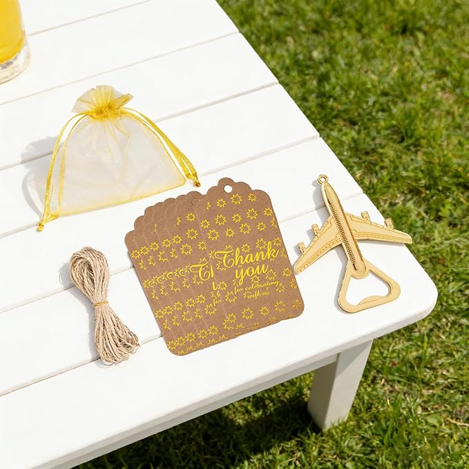 50 Pack Airplane Bottle Opener Favors, Metal Airplane Bottle Openers with Thank You Tags & Organza Bags, Travel Themed Party Favors, Destination Wedding Favors, Let the Adventure Begin Theme