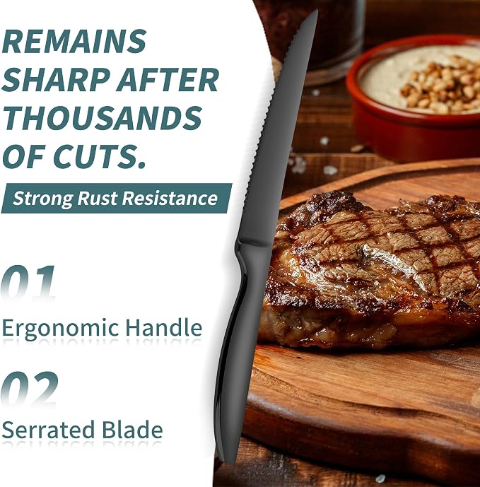 SuperCook Black Steak Knives Set of 8, Steak Knives Dishwasher Safe, Knife Set Steak Knife Set, Stainless Steel Knives, Serrated