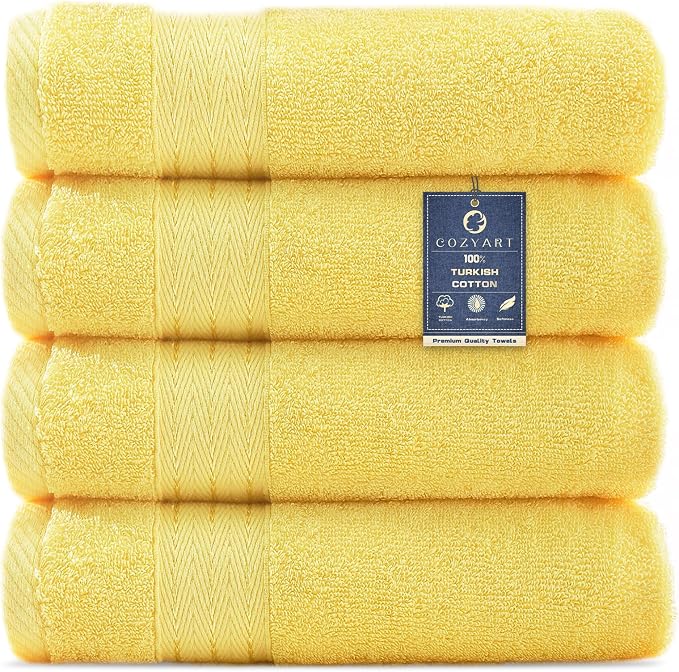 COZYART Luxury Hand Towels 4 PCS, Yellow 100% Turkish Cotton 650 GSM | OEKO-Tex 100 Certified Zero Twist Ring Spun, Soft Absorbent Quick Dry, Plush Fluffy, Breathable Hotel Quality for Daily Use