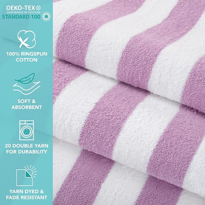 Arkwright California Cabana Stripe Beach Towel - Pack of 4, Large Soft Quick Dry 100% Cotton Terry Towels Set for Pool, Swim, and Hot Tub, Oversized 30 x 70 in, Lavender