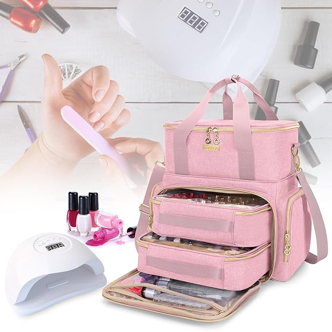 BAFASO Double Layer Nail Polish Organizer Holds 70 Bottles (15ml - 0.5 fl.oz) and a Nail Dryer, Nail Polish Case with 2 Removable Pouches and Tools Storage Sections (Patented), Pink