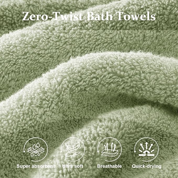 COZYART Luxury Bath Towel Set 6 Pcs, Sage Green 100% Turkish Cotton 650 GSM | OEKO-Tex 100 Certified Zero Twist Ring Spun, Soft Absorbent Quick Dry, Plush Fluffy, Breathable Hotel Quality for Daily Use