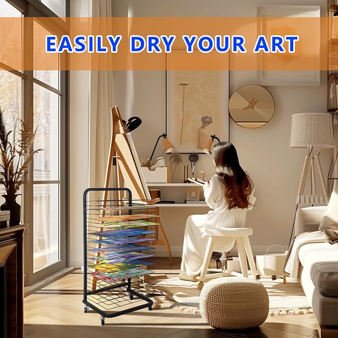 25 Removable Shelves Mobile Art Drying Rack for Classroom, Sturdy Metal Art Canvas Storage & Art Print Display Rack with Locking Wheels (32.22x14.6x17.3 In)，Painting Drying Rack，paper drying rack