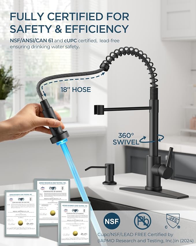 FORIOUS LED Kitchen Faucet with Soap Dispenser, Black Stainless Steel Traditonal Spring Commercial Pull Out Sink Faucet with Pull Down Sprayer for Laundry & Utility RV Camper Bar Farmhouse