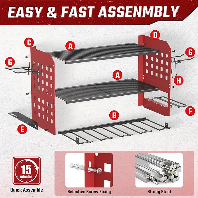 SUNALLY Power Tool Organizer, Heavy Duty Wall Mount Tool Organizer 3 Layers with 4 Drill Holders, Garage Tools Storage Rack with 2 Side Pegboards and Hooks for Workshop, Shed, Red
