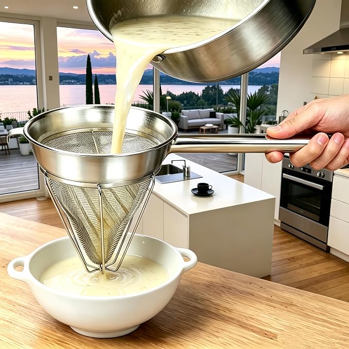 10-Inch Stainless Steel Fine Mesh Chinois Strainer | Large Strainer Reinforced Bouillon Strainer for Sauces, Soups, Purees, Pastes, Jelly, Custard, Curds and etc.