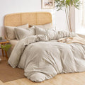 Wake In Cloud - Striped Cotton Duvet Cover Set, 100% Washed Cotton Textured Bedding Set, Ticking Stripe Pinstripe Farmhouse, 3 Pieces, Tan, Full Size