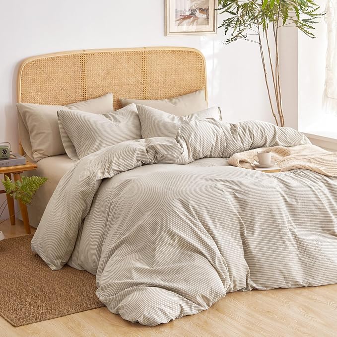Wake In Cloud - Striped Cotton Duvet Cover Set, 100% Washed Cotton Textured Bedding Set, Ticking Stripe Pinstripe Farmhouse, 3 Pieces, Tan, King Size
