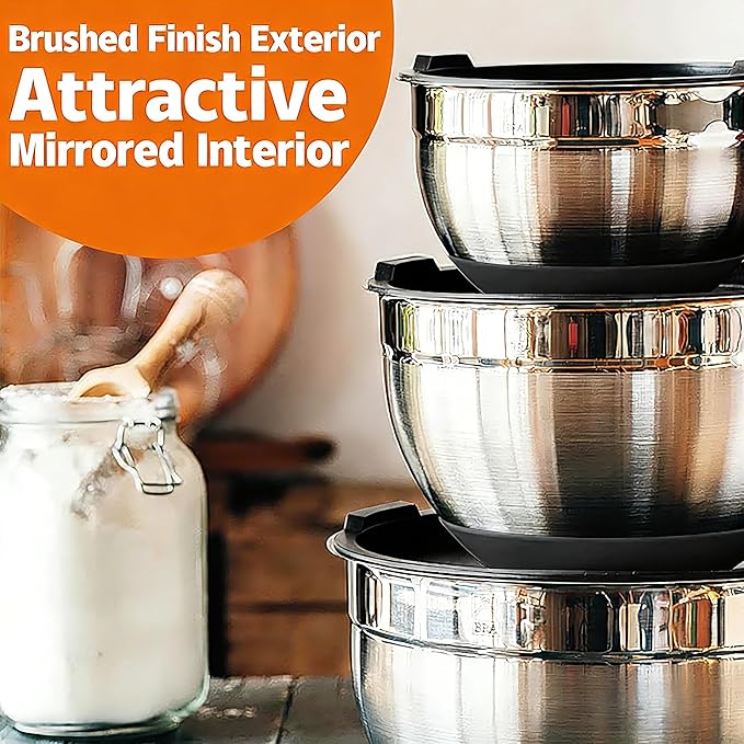 Thickened Heavy-Duty 26pcs Stainless Steel Bowl, Mixing Bowl Set with Lid, Grater Attachment, Non-Slip Bottom and Kitchen Gadget Set, Sizes 7, 4, 2.5, 2.0, 1.5, 1QT, Ideal for Mixing and Serving