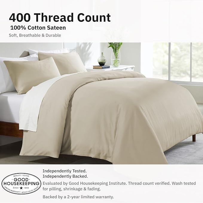 California Design Den 3 Pc King Duvet Cover Set - Winner Good Housekeeping Best Bedding Awards 2025, 400 Thread Count Sateen, 100% Cotton King Size Duvet Cover, Soft & Durable - Beige