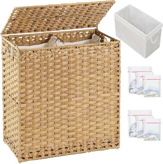 SETVSON Laundry Hamper with Lid Wicker Laundry Basket 112L, Natural | Large Family Clothes Sorter Trunk with Lid, 3 Compartment Washable Liners, 6 Mesh Bags, Collapsible Steel Frame