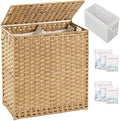 SETVSON Laundry Hamper with Lid Wicker Laundry Basket 112L, Natural | Large Family Clothes Sorter Trunk with Lid, 3 Compartment Washable Liners, 6 Mesh Bags, Collapsible Steel Frame