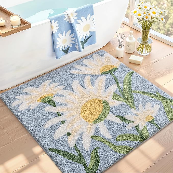 LUMI Bathroom Rugs Cute Daisy, Soft Absorbent Square Bath Mat Non-Slip, Machine Washable Quick Dry Blue Luxury Rug Flower for Kids Room, Bathtub, Home Decor, 32"x32"