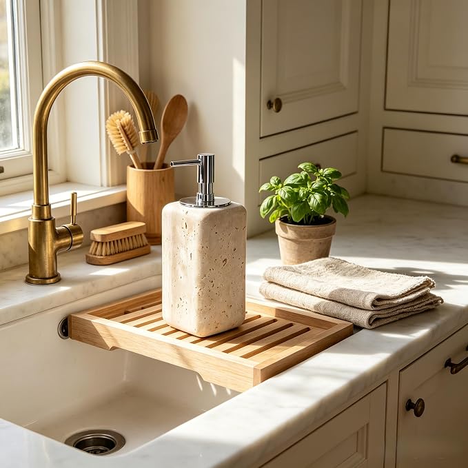 Travertine Soap Dispenser Bathroom Accessories, Natural Organic Premium Square Stone Lotion Dispenser with Metal Pump, Elegant Kitchen Hand Lotion Jar Soap Pump for Laundry Room Home Decor (Natural)