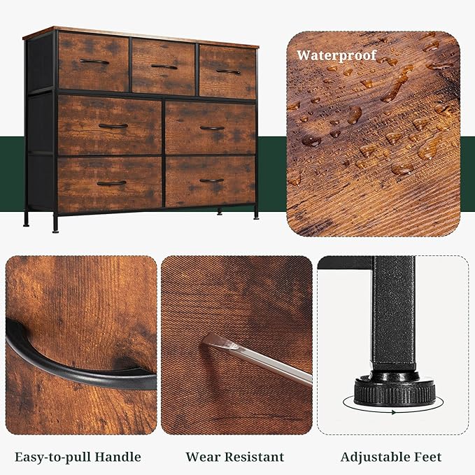 7-Drawer Dresser for Bedroom, Anti-Tip Wide Storage Organizer Fabric Chest of Drawers TV Stand for 45" TV with Wooden Top and Metal Frame for Closet, Living Room, Hallway, Entryway, Brown