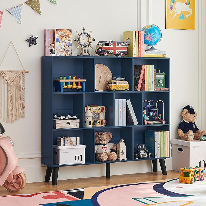 LEYAOYAO 10 Cube Bookshelf,Mid-Century Modern Bookcase with Legs,Dark Blue | 3 Tier Book Shelf,Rustic Wood Bookshelves Freestanding Large Storage Organizer, Open Shelves for Bedroom, Living Room, Office