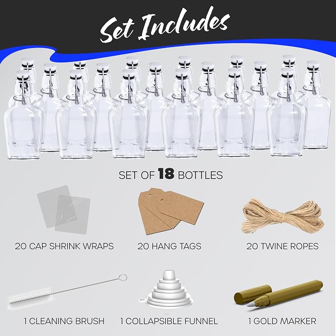 Nevlers 8.5 Oz Flask Flip Top Glass Bottle 18 PK | Limoncello Bottles with Stoppers, Shrink Wrap, Tags, Funnel, Marker & Brush| Swing Top Glass Bottles for Vanilla Extract | Hip Flask for Men & Women
